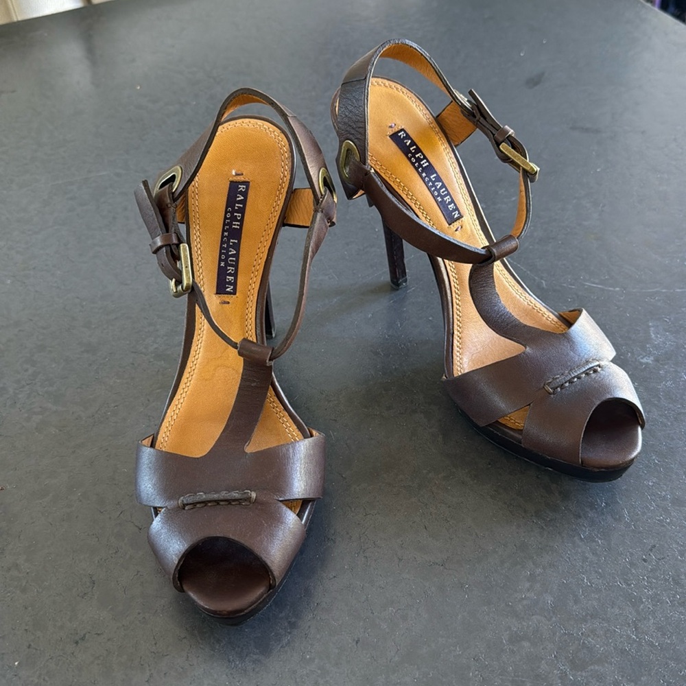 Ralph Lauren Collection Brown Platform T-Strap Heels